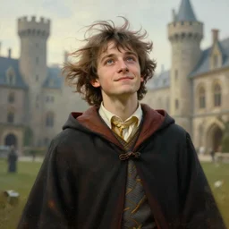 portrait of a young wizard apprentice, wild - eyed, optimistic, outside a castle academy, windy day, volumetric light, bokeh, painting by greg rutkowski by alphonse mucha