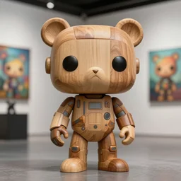 8 k octane render sculpture photorealistic beautiful character wooden design, art toys collectible figurine, mascot pop funko, very cute bear robot bear android cyberpunk, contemporary art gallery in background concept art cgsociety mucha