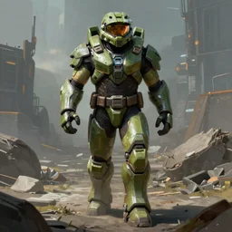 a beefy warrior walking in a cyberpunk wasteland facing the camera, mjolnir armor from halo infinite, no helmet!!!!, female face, 8K, octane render, Digital painting, concept art, illustration, sharp focus, centered, good value control, realistic shading, rational painting, rubber undersuit