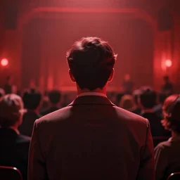 back view of a man facing an audience at the atmospheric and obscure, red neon light, by roger deakins, cinematography, syd mead