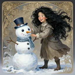 cheerful older sister with long voluminous black hair making a snowman, full body shot, intricate, highly detailed, digital painting, artstation, concept art, matte, sharp focus, illustration, hearthstone, art by artgerm and greg rutkowski and alphonse mucha