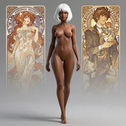 full length complex 3 d hyper realistic smooth ultra sharp render of a gorgeous female short white hair long bangs dark skin | art by oh jinwook + 吵 集 仁 儿 on artstaion + takeshi obata + alphonse mucha + jim lee