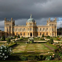 landscape photograph of a large victorian palace with gardens. Detailed