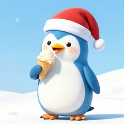 blue penguin with ド on its belly, wearing a Santa hat, eating ice cream