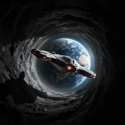 an extraterrestrial spaceship exiting a worm hole with planet earth in sight, in the style of the matrix, epic scene, extremely detailed masterpiece, extremely moody lighting, glowing light and shadow, atmospheric, shadowy, cinematic, god lighting