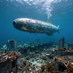 an abandoned city underwater next to a luxurious submarine