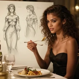 zendaya eating dinner, character sheet, character design, contrast, deep focus, turnaround, highly detailed, dramatic lighting, digital painting, artstation, concept art, matte, sharp focus, illustration, elegant, art by artgerm and greg f and alphonse mucha.