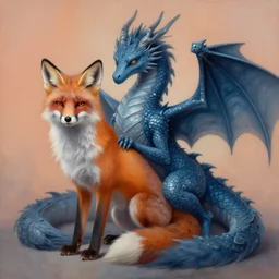 painting of hybrid between fox! & dragon, intercrossed animal, mixture animal, by tiffany bozic, by zdzislaw beksinski, by vladimir kush, cold hue's, warm tone gradient background, concept art, beautiful composition, digital painting