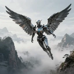 mechanical angels fly in the mist, towering mountain peaks