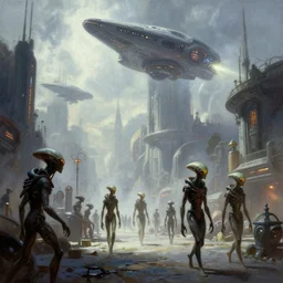 An alien cityscape, futuristic alien beings walking through the streets, super advanced alien spacecraft flying in the skies above the city, by Frank Frazetta. Trending on CGSociety, 16k Resolution, hyperdetailed :: no blur, no grain, highly detailed, cinematic ::
