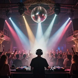 beautiful digital art of a dj on stage spinning records with headphones looking over crowd dancing at a club by greg rutkowski and sandra chevrier, silhouette, volumetric lighting, haze, moving heads light beams, spot lights, disco ball, trending on artstation, 4k, unreal engine, intricate, ornate