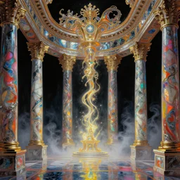 baroque neoclassicist sci - fi colorful chrome marble halls of creation. iridescent textures. glowing fog, black background. highly detailed fantasy science fiction painting by moebius, norman rockwell, frank frazetta, and syd mead. rich colors, high contrast