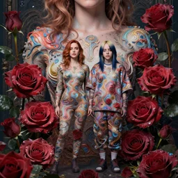 perfectly - centered!! looking at the camera!!! full body portrait of christina hendricks and billie eilish with roses, baroque style, roses, intricate abstract upper body intricate artwork, by tooth wu, wlop, beeple, dan mumford. concept art, octane render, deviantart, greg rutkowski, cinematic arthouse, key art, hyper realism, iridescent accents