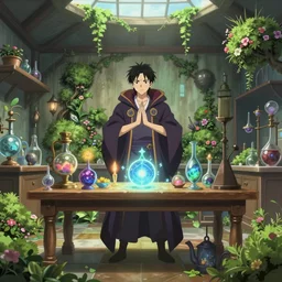 anime screenshot of a powerful magician in his laboratory. magical artefacts in the table, bushs of flowers growing in the roof and floor