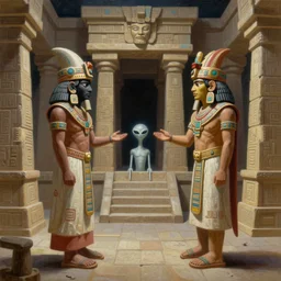 pacal Votan and Aztec priests greeting aliens in an ancient Aztec temple. 8K Highly detailed oil painting by Tom rutkowski