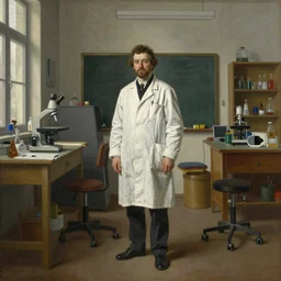 a contemporary painting of a scientist in a white coat stands in a large studio by carl spitzweg