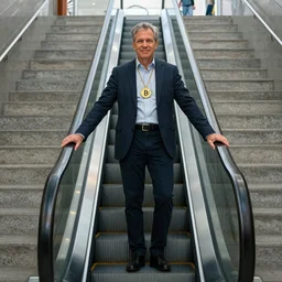 Michael Saylor Microstation ceo taking escalator down a flight of stairs wearing a gold bitcoin necklace that is on fire