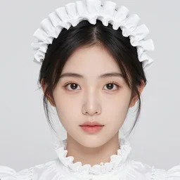 photo of cute asian woman with black hair, victorian white ruffly dress. symmetrical face. symmetrical detailed defined eyes..