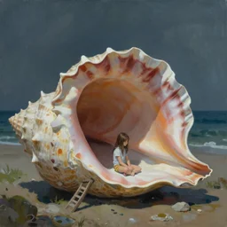 painting of a giant seashell house where a young girl lives by john harris, atmospheric, concept art