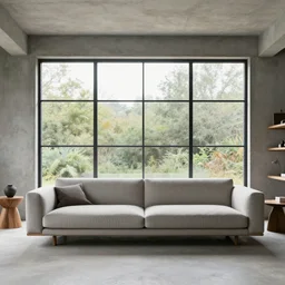 hyper realistic image of a living room with a sofa in the middle and large window behind, concrete, glass, wood