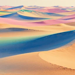 highly detailed sand dunes with many different shades of blue pink orange yellow green, by gilbery williams, by simon stalenhag, by beeple, by bruce pennington, by james jean, featured in juxtapoz, mixed media, dynamic composition, octane render