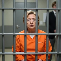 photo, national geographic, hillary clinton sitting in a jail cell behind bars, dressed in orange inmate attire, award winning, 5 0 mm, blurred background,
