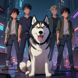 a lawbreaking siberian husky trying to look funny, cyberpunk art by yumihiko amano, jesper ejsing, by rhads, makoto shinkai and lois van baarle, ilya kuvshinov, cgsociety, figurative art, toonami, zbrush, official art