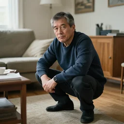 a middle aged norwegian squatting in a living room