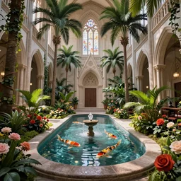 grand cathedral interior with koi pond in the middle surrounded by palm trees, ivy, flowers, tropical plants, roses, and with archways, rendered in octane render with photorealistic lighting, cinematic