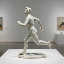 beautiful organic ceramic sculpture of person running away from something, in a gallery setting, influenced by piotr jabłonski and norman rockwell. professional studio photo, full object in middle, well centered, 3 5 mm, high definition