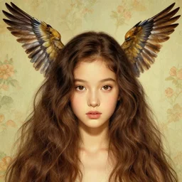 beautiful girl long hair, hair entwined, detail face, cute face, wings of birds from the head, wallpaper, poster, will murai, wylie beckert, portrait, artworks in 8 k, by james jean, by thomas kinkade 2 2 2 2