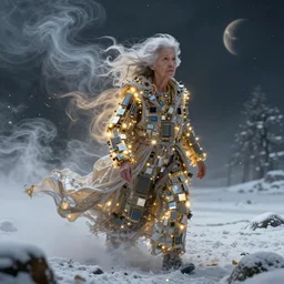 streams of smoke and snow swirl around an invisible elderly woman wearing clothes made of computer chips, swirling flashes of gold and silver light, wind - blown sheets, cinematic lighting, fantasy painting, distant planet
