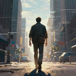 PS1 game, third person, man walking through city, static white noise glitching in the sky