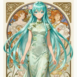 adult girl with long aqua glass hair, aqua glass eyes, a small pigtail on the left side, chinese dress, chinese style, anime style, hyper detailed, light green dress, illustration, digital painting, art by artgerm and greg rutkowski and alphonse mucha, high delicate defined details, anime stylized, highly detailed, realistic, sharp focus, styled by rhads, full body