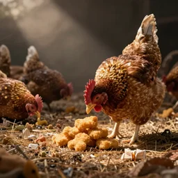 farm chicken eating McDonalds chicken nuggets
