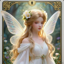2 8 mm macro headshot of a ethereal magical young winged fairy princess wearing a white robe and flowers in her hair in a fantasy garden, d & d, fantasy, intricate, rim light, god rays, volumetric lighting, elegant, highly detailed, digital painting, artstation, concept art, smooth, sharp focus, illustration, art by greg rutkowski, maxfield parrish and alphonse mucha, new art nouveau, soft ambient lighting, tarot card