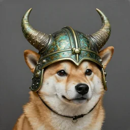 photorealistic painting of dog shiba inu wearing a highly detailed ornamented bronze viking helmet with two horns, sharp focus in the style of ruan jia, Mandy jurgens, cinematic light, concept art, trending on artstation, ultra realistic