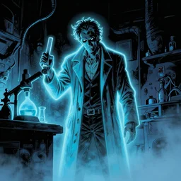 a mad scientist in his secret laboratory with neon glow in the dark light drawn by comic book artist lee bermejo comics, volumetric fog, scary and eerie, ominous environment, backlit, edge lighting,