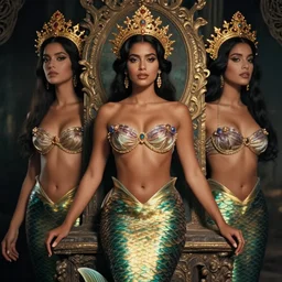 vintage portrait of modern mermaid queen, zoom, rule of thirds, atmosphere, intricate, regal, latinas, ( brown skin ), symmetrical!!, loreal, maybelline, sephora, loreal, artstation, art by michael william kaluta and artgerm, ( ( cinematic ) ) concept art, filmic, vsco