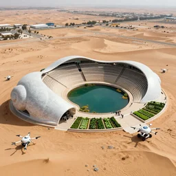 aerial view of desert terraformation project, venus project,  with snail-shaped biomimetic architecture, mini amphitheatre, mini lake, vertical vegetable gardens, robotic drones, XF IQ4, 150MP, 50mm, F1.4, ISO 200, 1/160s, natural light