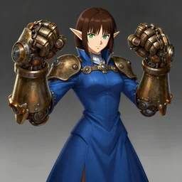 character portrait of young female elf, fisting monk, massive steampunk hands, blue skintight closed longcoat, brown bob haircut, green eyes, white skin, high fantasy, steampunk, akihiko yoshida, james jean andrei riabovitchev marc _ simonetti, yoshitaka amano