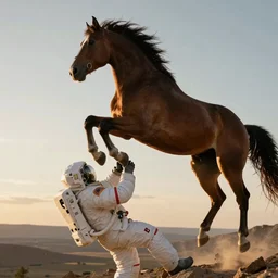 a horse on top and an astronaut on bottom, 4 k, ultra details, cinematic, epic style, beautiful photo, hyper realistic, octane render, unreal engine, award winning, on artstation, volumetric lightning, masterpiece, golden hour,