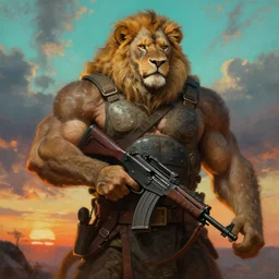 muscular oversized  proud lion animal as barbarian hunter  with swat vest  armor and automatic rifle weapon and anthropomorphic human oversized mutant proportions and very hairy body , backlight  body , extreme very textured detailed panoramic portrait oil painting by rembrandt, sunset, dramatic clouds and cyan atmosphere