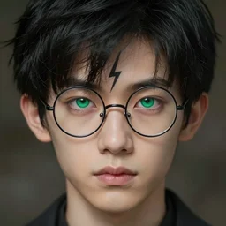 boy thin face, black hair, and green eyes. wearing round glasses, lightning bolt scar on forehead, hyper realistic face, beautiful eyes, fantasy art, in the style of greg rutkowski, intricate, hyper detailed, smooth