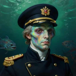 baroque neoclassicist close - up portrait of an alien sea captain naval admiral, underwater with sea creatures in the background. iridescent textures. deep green and blue. highly detailed science fiction painting by norman rockwell, frank frazetta, and syd mead. rich colors, high contrast, gloomy atmosphere. trending on artstation and behance.