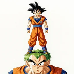 watercolor painting of goku of dragonball z standing on napas head by Yoshida Hiroshi