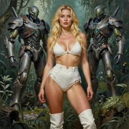 A mixed media portrait painting of a beautiful blonde woman exploring an alien jungle planet, very curvy, aesthetic! high-waisted white-bikini-armor and boots, aesthetic symmetrical face and eyes, model, Scandinavian, discarded mechsuit in background, by Boris Vallejo, Beeple, Frank Frazetta, Greg Rutkowski, Christian MacNevin, Alphonse Mucha, epic fantasy character art, high fantasy, CGsociety, exquisite detail, post-processing, masterpiece, cinematic