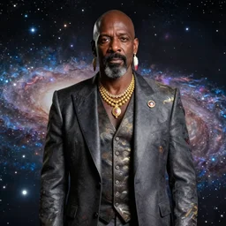 mr. t as president of the galaxy with mohawk and wearing gold jewelry and a fancy scifi three - piece suit and feather earrings, patriotic, space background, professional studio photo, medium shot