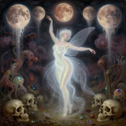 concept art of translucent glowing curvy gorgeous fairy dancing, lovecraftian, surrealism, renaissance, melting, round moons, rich clouds, fighting the horrors of the unknown, very detailed, volumetric light, mist, fine art, decaying, textured oil over canvas, epic fantasy art, very colorful, ornate intricate scales, floor of skulls, fractal gems