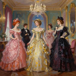 fancy dress party, brighton vibes, royal interior, highly detailed painting extremely beautiful and aesthetic and detailed, with familiar sprites, chiaroscuro, intricate, masterpiece, fantasy illustrations by ilya kuvshinov and jeremy lipking and quentin mabille